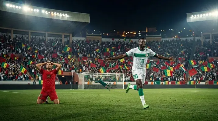 Senegal vs Morocco AFCON final match action as a Senegal player celebrates the extra-time winner in a packed Rabat stadium