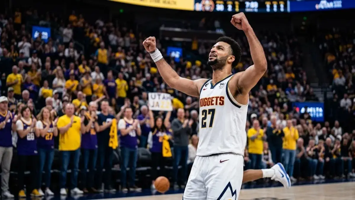 Jamal Murray celebrating 45-point performance in Denver Nuggets vs Utah Jazz match player stats game at Delta Center