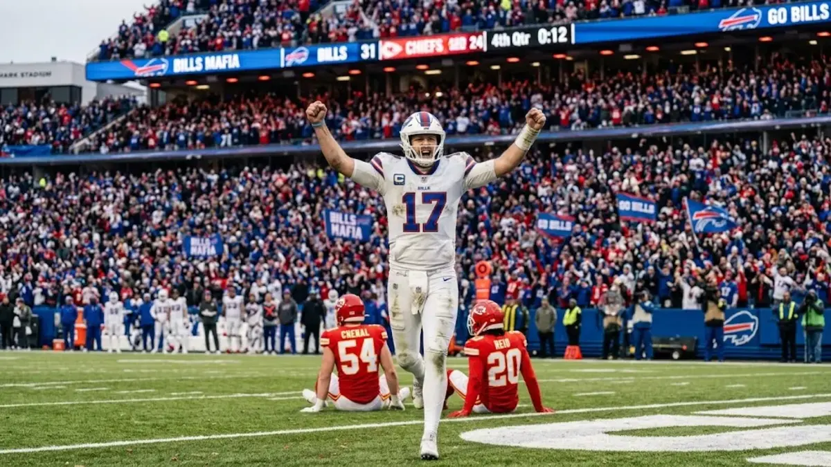Josh Allen celebrating game-winning touchdown run in Buffalo Bills vs Kansas City Chiefs match player stats 30-21 victory