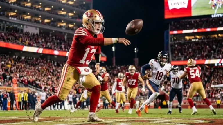 Chicago Bears vs 49ers stats featured image showing Brock Purdy throwing a touchdown pass while Caleb Williams scrambles during the 42-38 49ers victory at Levi's Stadium
