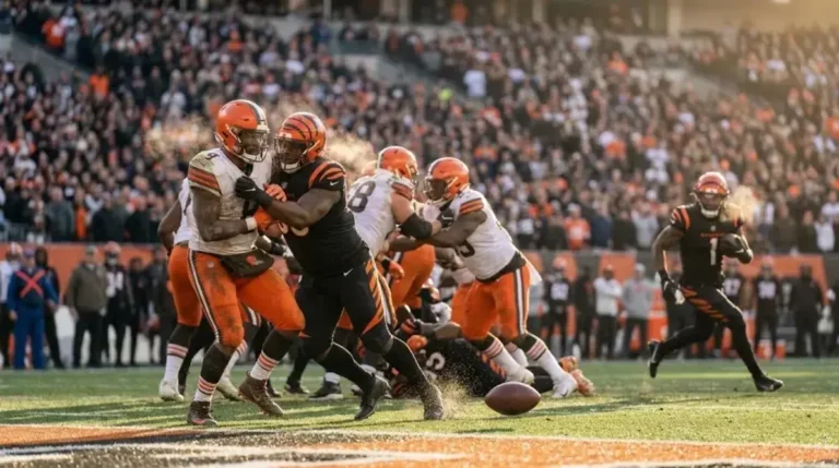 Cleveland Browns vs Bengals match player stats: players clash at the line of scrimmage under stadium lights