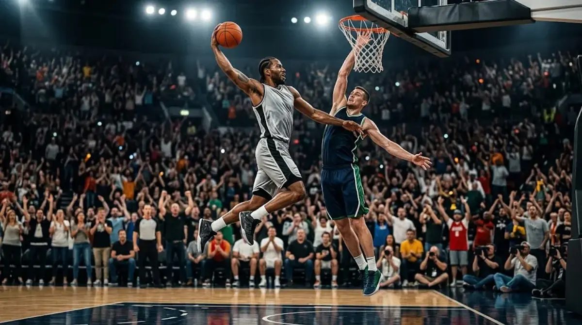 San Antonio Spurs vs Timberwolves timeline featured image showing a basketball player dunking in a packed arena