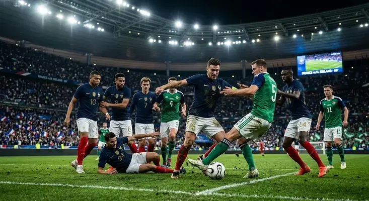 A dramatic mid-action shot from the france vs northern ireland international football match under stadium floodlights.